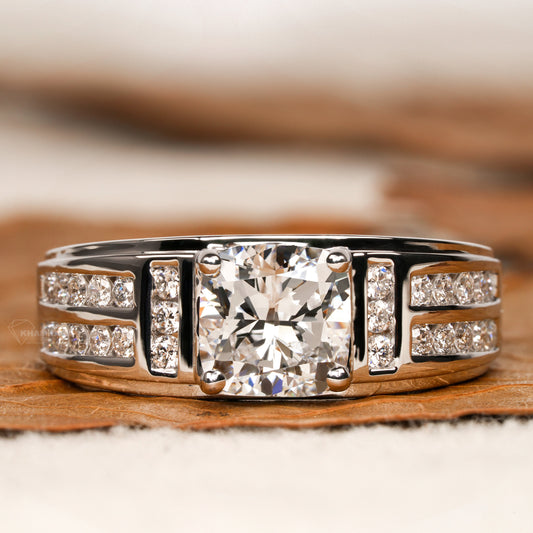 1.50 TCW Cushion Cut Lab Grown Diamond Men's Engraved Engagement Ring Men's 950 Platinum Ring CVD Diamond Wedding Band Gift For Love