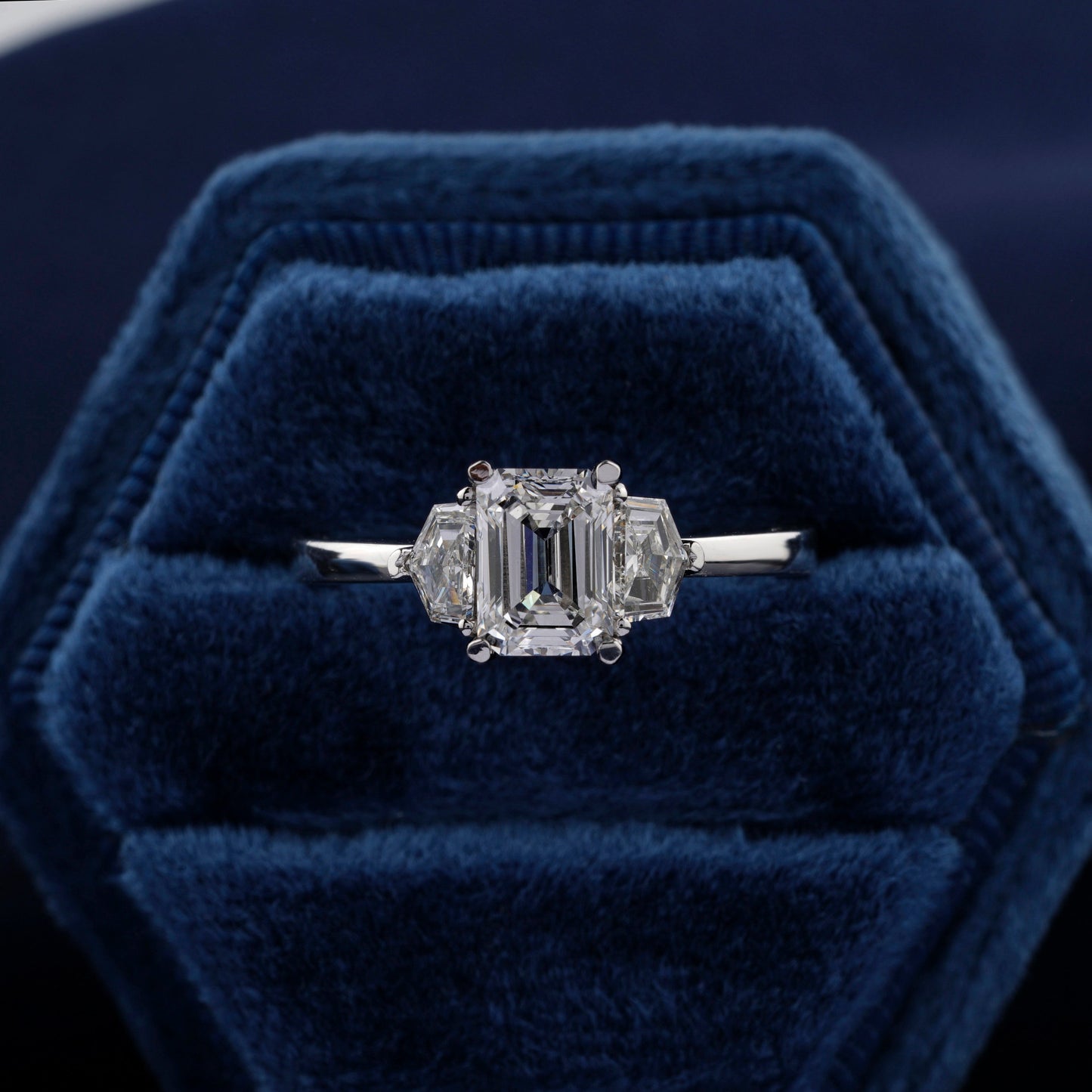 1Ct Emerald Lab Diamond Three Stone Engagement Ring