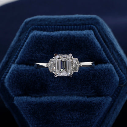 1Ct Emerald Lab Diamond Three Stone Engagement Ring