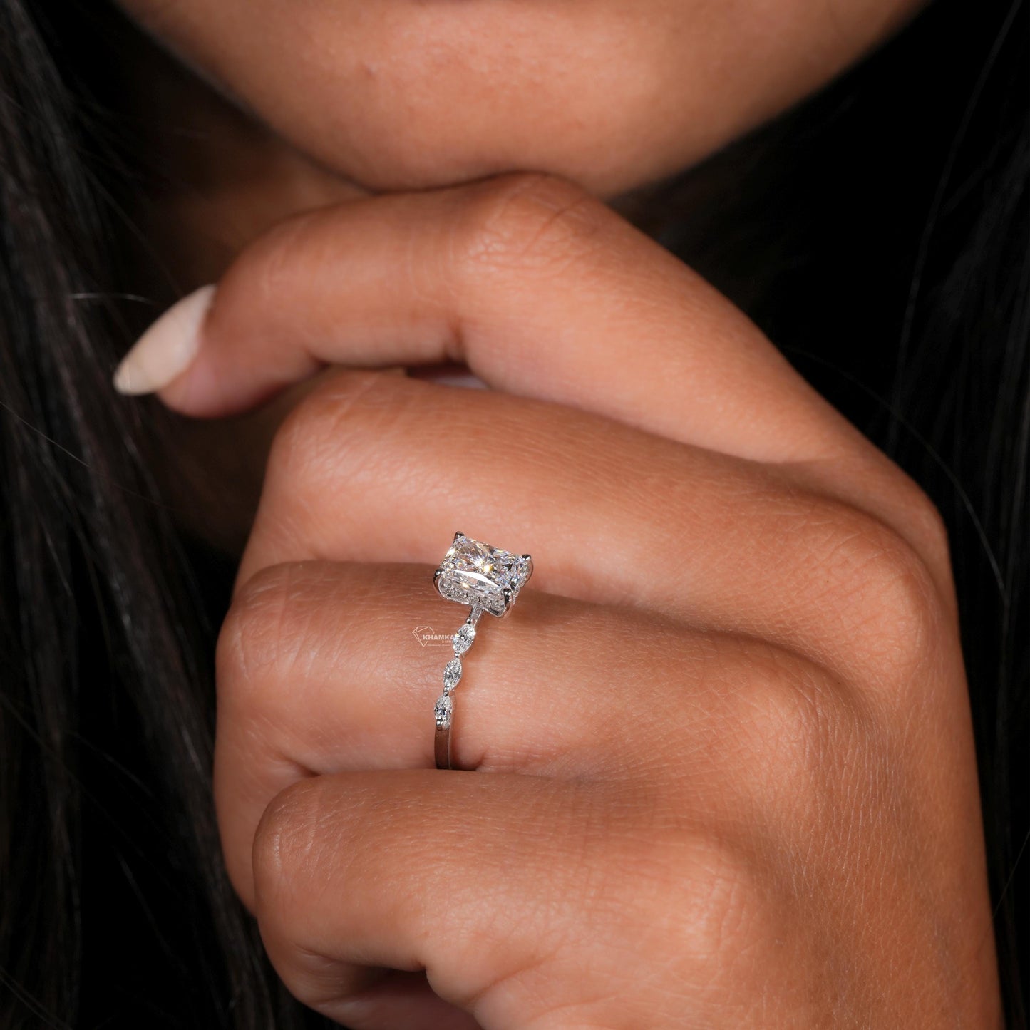 1CT Radiant Cut Lab Grown Diamond Engagement Ring with Hidden Halo