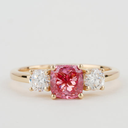1 CT Pink Cushion Cut Lab Diamond Three Stone Engagement Ring