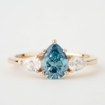 1.40 TCW Blue Colored Pear Cut Lab Grown Diamond Wedding Ring 3 Stone Diamond Ring For Perfect valentine's Gift Unique Engagement Ring