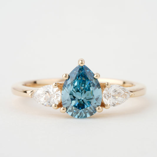 1.40 TCW Blue Colored Pear Cut Lab Grown Diamond Wedding Ring 3 Stone Diamond Ring For Perfect valentine's Gift Unique Engagement Ring