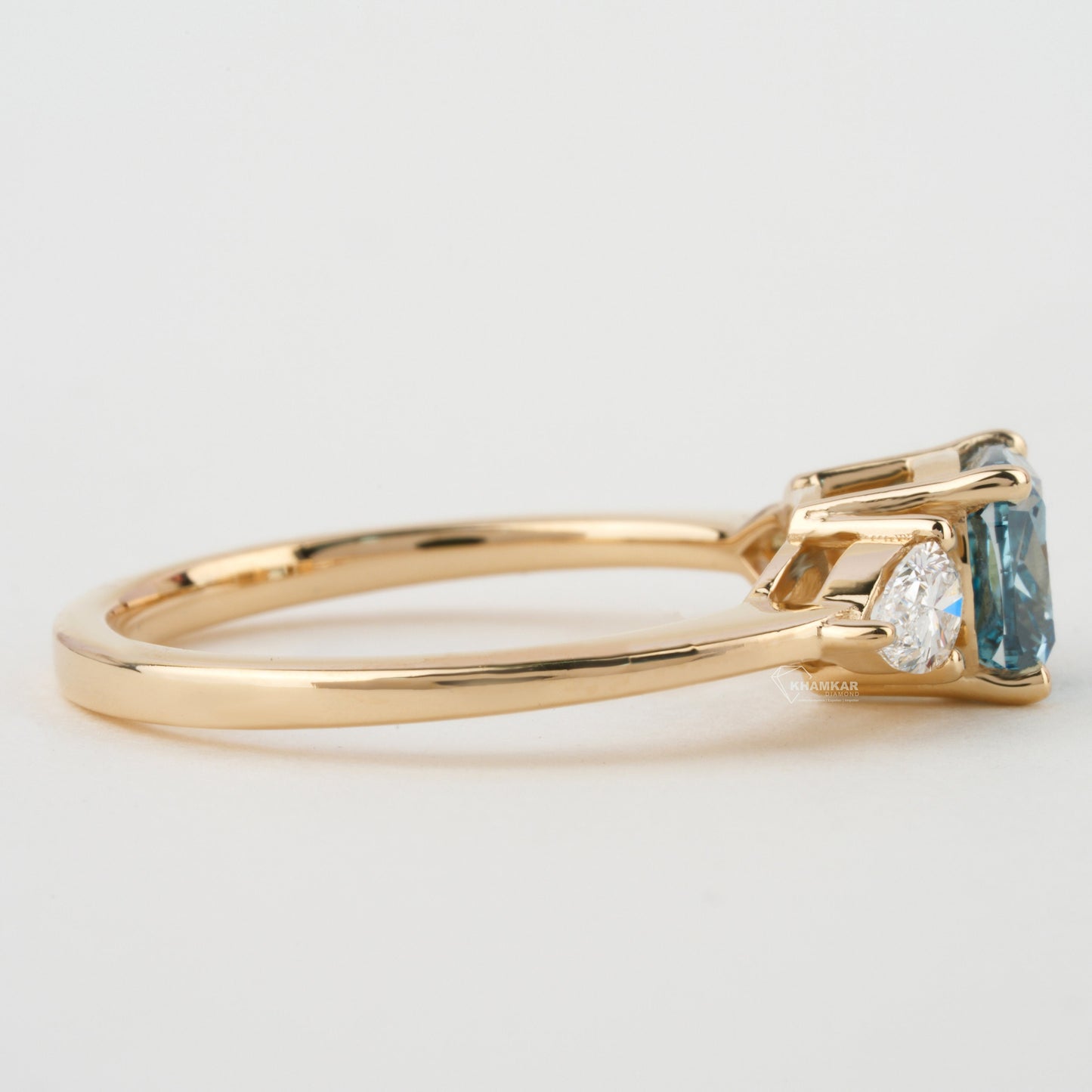 1.40 TCW Cushion Shaped Blue Diamond Engagement Ring,Side Pear Diamonds,Trilogy Ring For Her,Personalized Jewelry