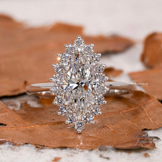 Marquise Lab Diamond Ring Cluster Halo Cathedral Setting