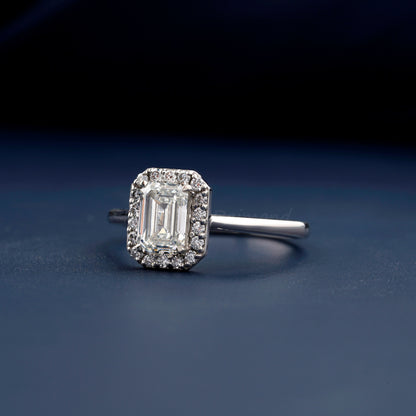 1 CT Emerald Cut Lab Grown Diamond Halo Engagement Ring in 14K Solid Gold