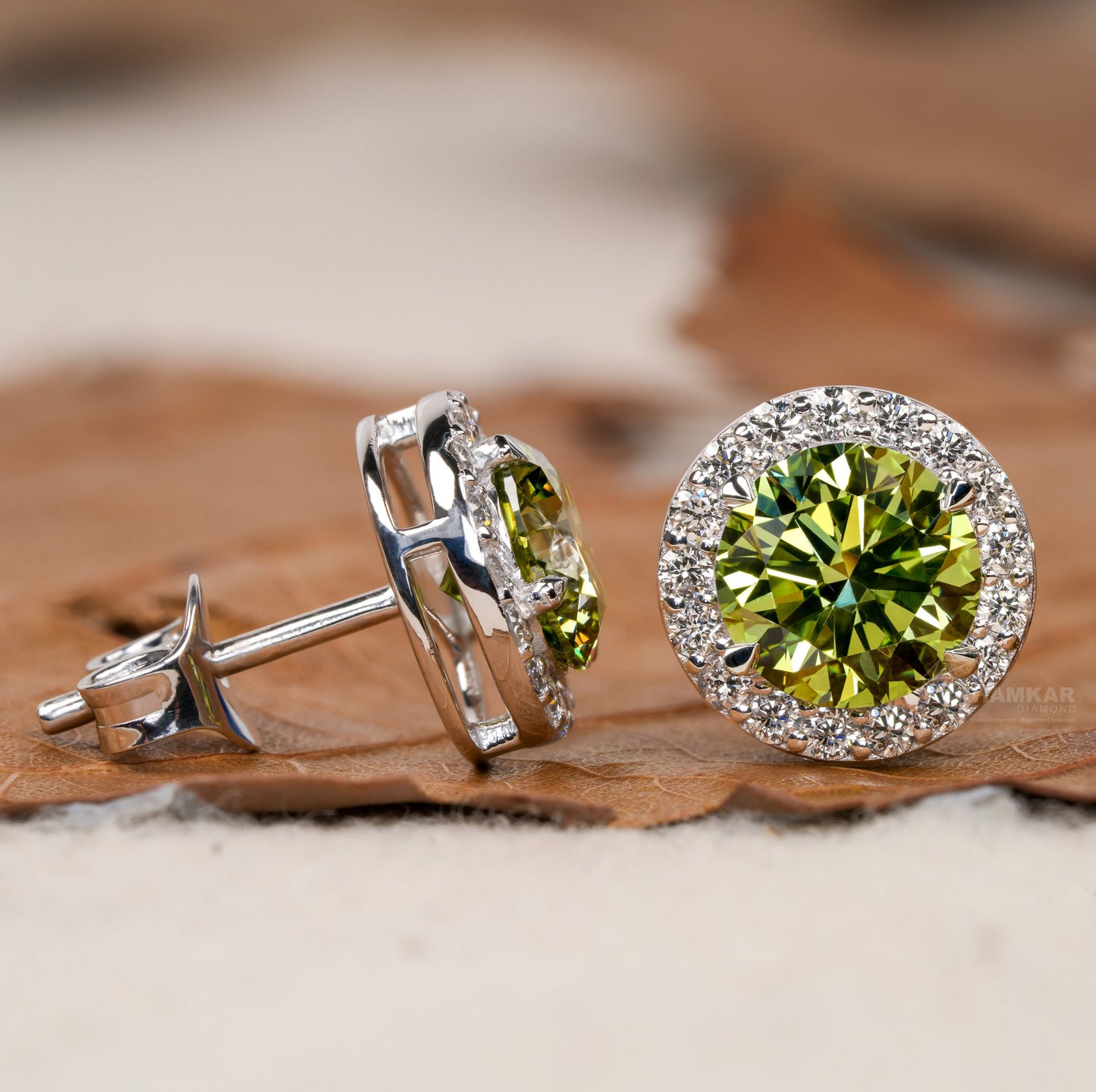 Round Green Colored Lab Grown Diamond Stud Earrings,Round Diamond Screw Back Earrings,Halo Diamond Stud Gift Earrings,Wedding gift for Bride