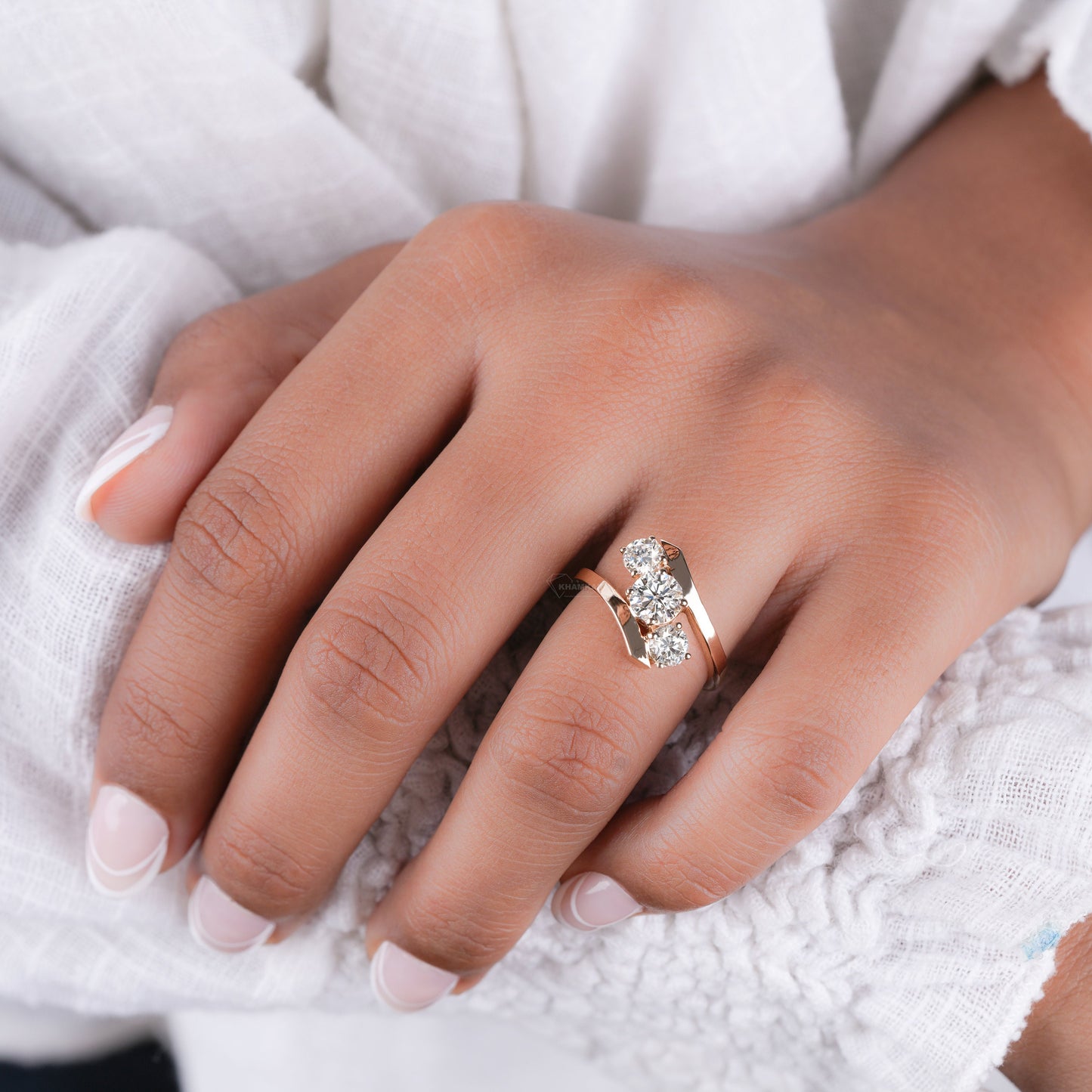 Round Lab Diamond Bypass Ring, 3 Stone Engagement Ring for Her