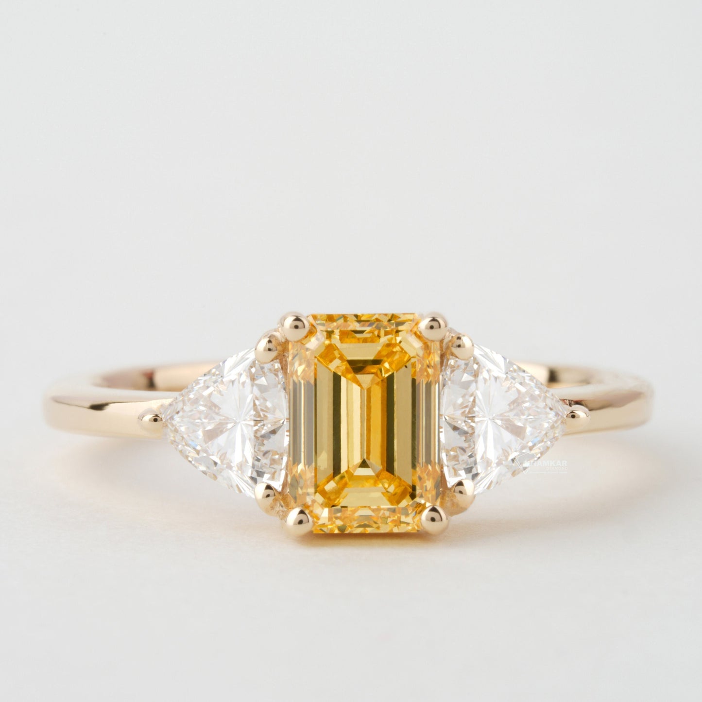 1.90 TCW Emerald Yellow Colored Lab Grown Diamond Engagement Ring Trillion Side Stone Diamond  Wedding Ring Fancy Colored Diamond Ring
