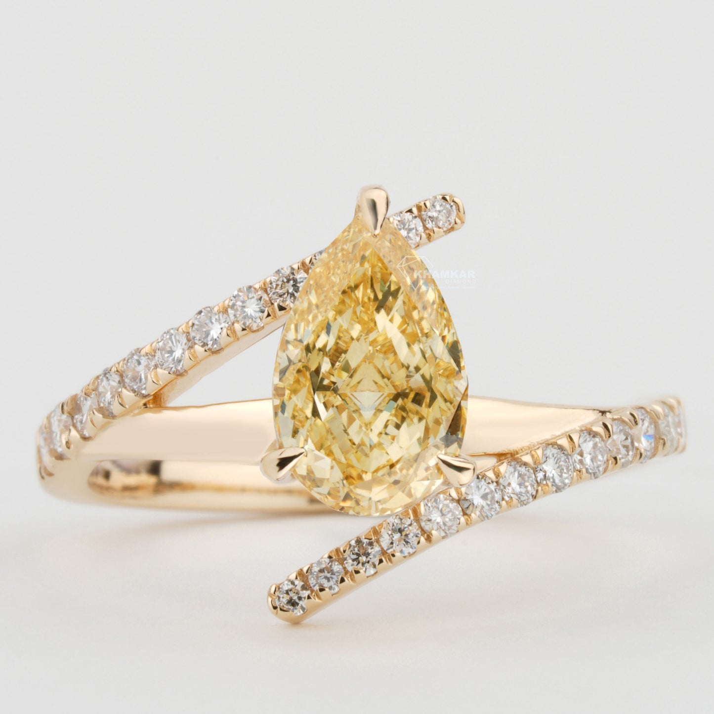 IGI Certified Yellow Pear Cut Lab Diamond Ring Bypass Wedding Ring