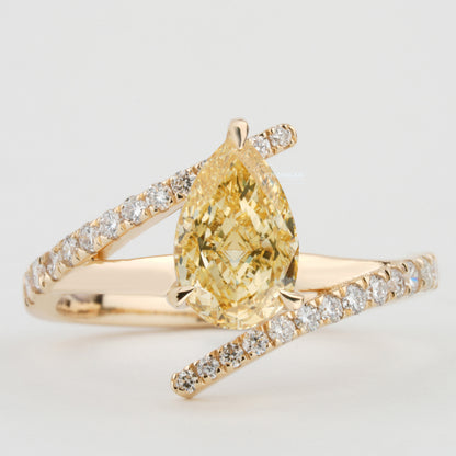 IGI Certified Yellow Pear Cut Lab Diamond Ring Bypass Wedding Ring