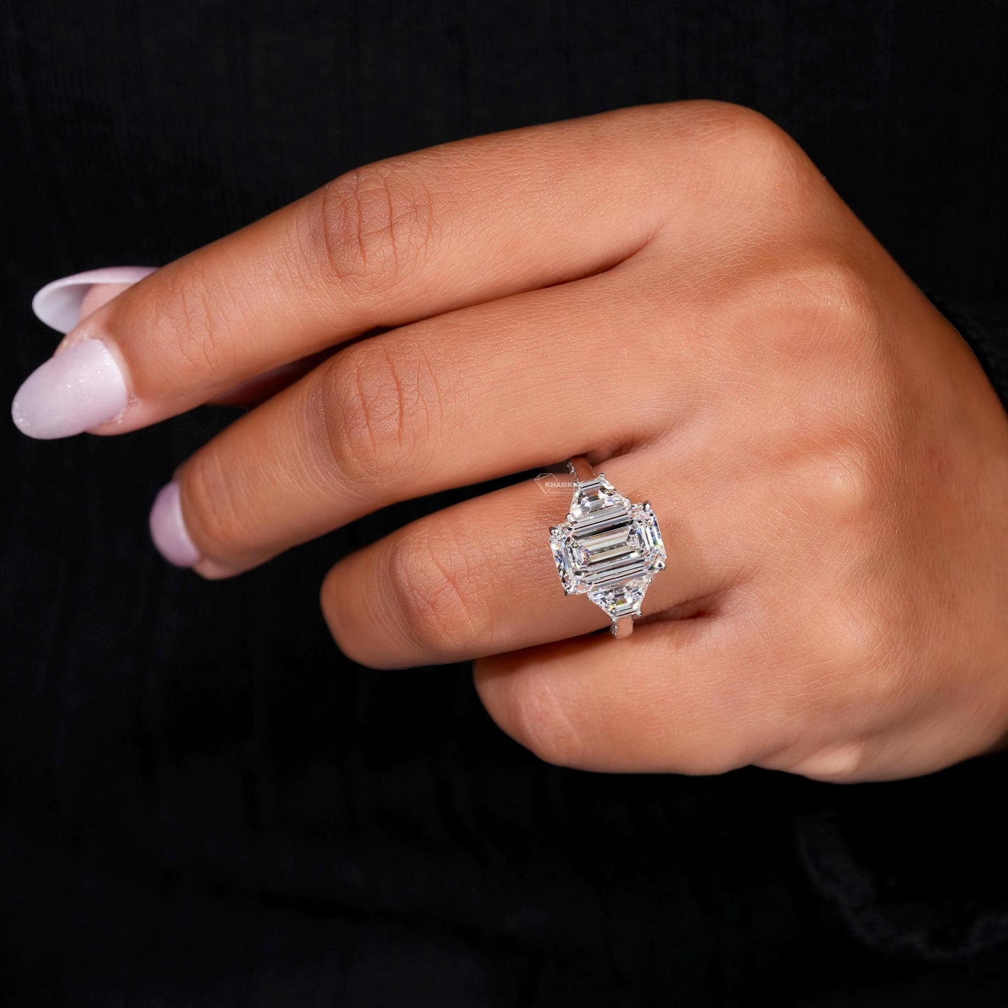 Emerald Cut Lab Diamond Three Stone Ring with Trapezoid Sides