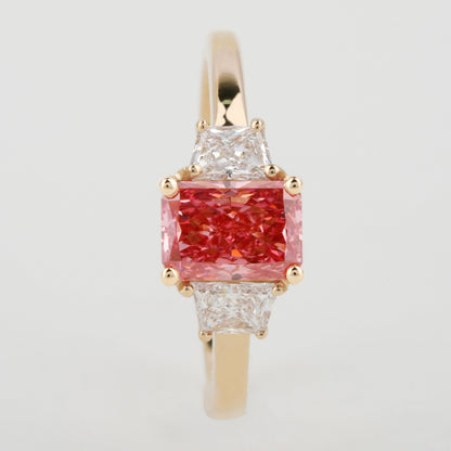 1 Ct Pink Radiant Cut Lab Grown Diamond Three Stone Engagement Ring for Her
