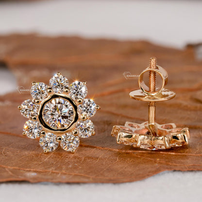 Round Lab Grown Diamond Bezel Halo Flower Stud Earrings