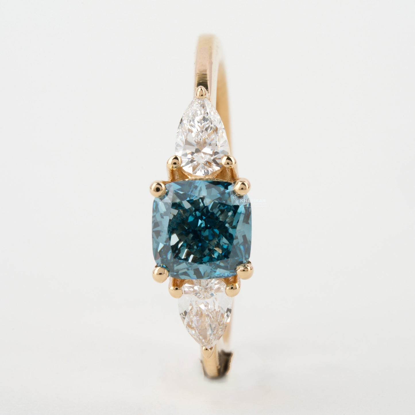 1.40 TCW Cushion Shaped Blue Diamond Engagement Ring,Side Pear Diamonds,Trilogy Ring For Her,Personalized Jewelry