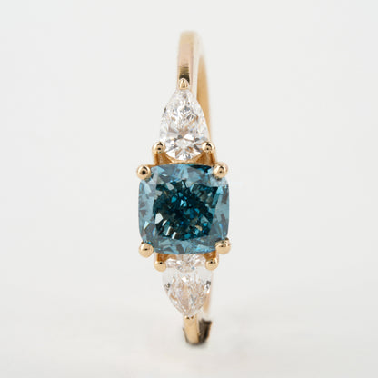 1.40 TCW Cushion Shaped Blue Diamond Engagement Ring,Side Pear Diamonds,Trilogy Ring For Her,Personalized Jewelry