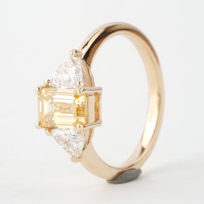 1.90 TCW Emerald Yellow Colored Lab Grown Diamond Engagement Ring Trillion Side Stone Diamond  Wedding Ring Fancy Colored Diamond Ring