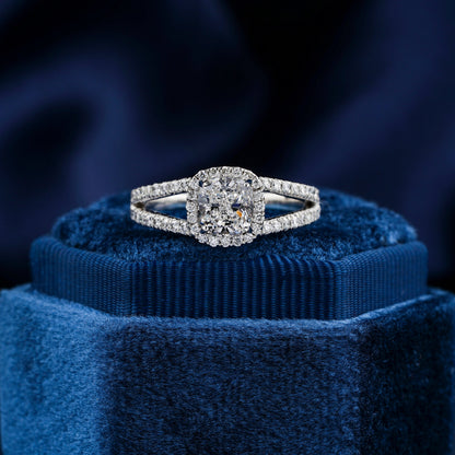 1CT Cushion Cut Lab Diamond Halo Engagement Ring – Split Shank Ring for Her