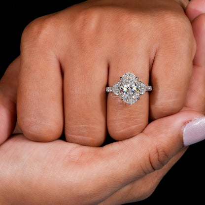 4CT Oval Lab Grown Diamond Three Stone Ring | Trilogy Engagement Ring