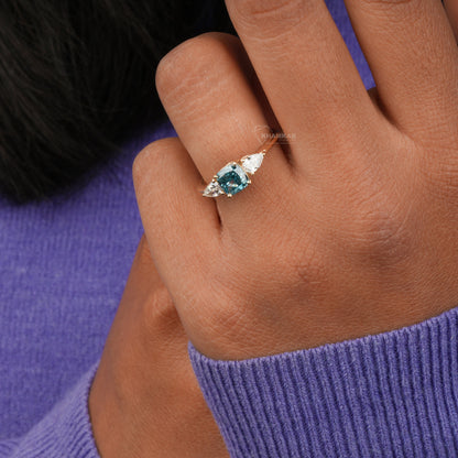1.40 TCW Cushion Shaped Blue Diamond Engagement Ring,Side Pear Diamonds,Trilogy Ring For Her,Personalized Jewelry