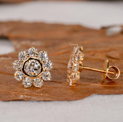 Round Lab Grown Diamond Bezel Halo Flower Stud Earrings
