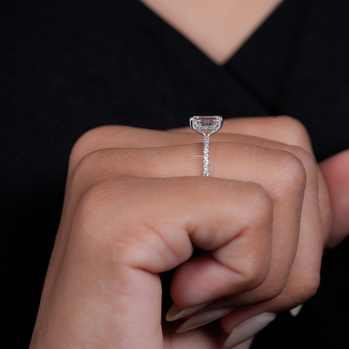 1.50Ct Emerald Cut Lab Diamond Hidden Halo Ring