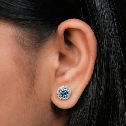 Round Lab Grown Diamond Cluster Earrings,0.50Ct To 1.00Ct Blue Colored Round Diamond Halo Stud Earrings,14K White Gold Wedding Studs For Her