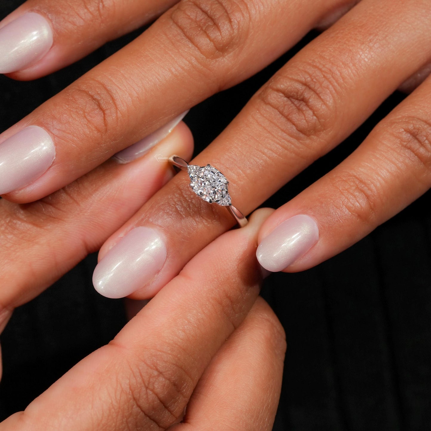 Cushion Cut Lab  Diamond Three Stone Engagement Ring with Trillion Side Diamonds