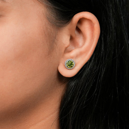Round Green Colored Lab Grown Diamond Stud Earrings,Round Diamond Screw Back Earrings,Halo Diamond Stud Gift Earrings,Wedding gift for Bride