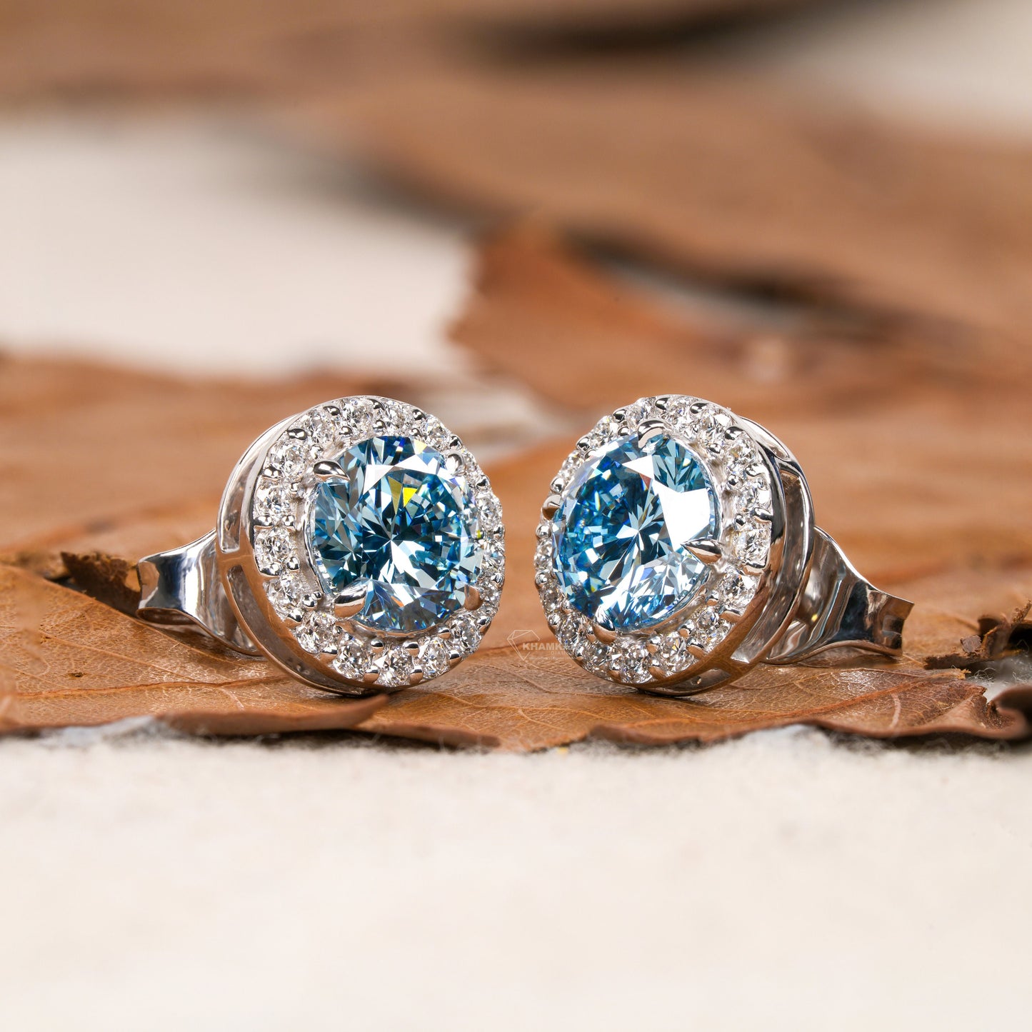 Round Lab Grown Diamond Cluster Earrings,0.50Ct To 1.00Ct Blue Colored Round Diamond Halo Stud Earrings,14K White Gold Wedding Studs For Her