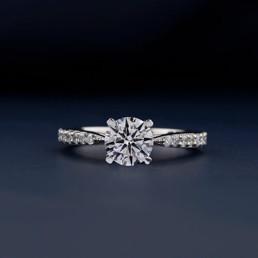 Round Lab Diamond Engagement Ring, Pave Wedding Bridal Ring