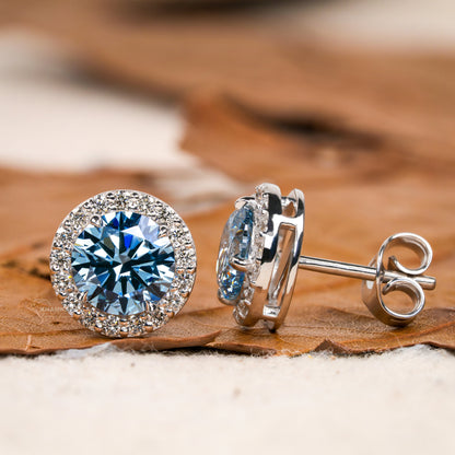 Round Lab Grown Diamond Cluster Earrings,0.50Ct To 1.00Ct Blue Colored Round Diamond Halo Stud Earrings,14K White Gold Wedding Studs For Her