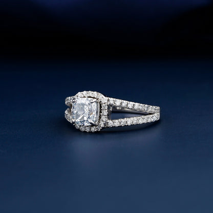 1CT Cushion Cut Lab Diamond Halo Engagement Ring – Split Shank Ring for Her