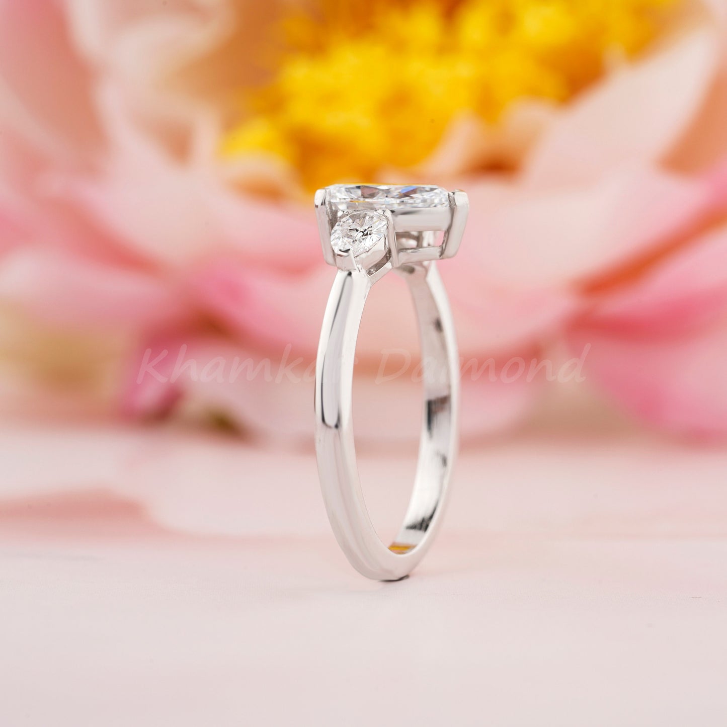Lab Grown Pear Diamond Three Stone Engagement Ring Promise Ring for Her