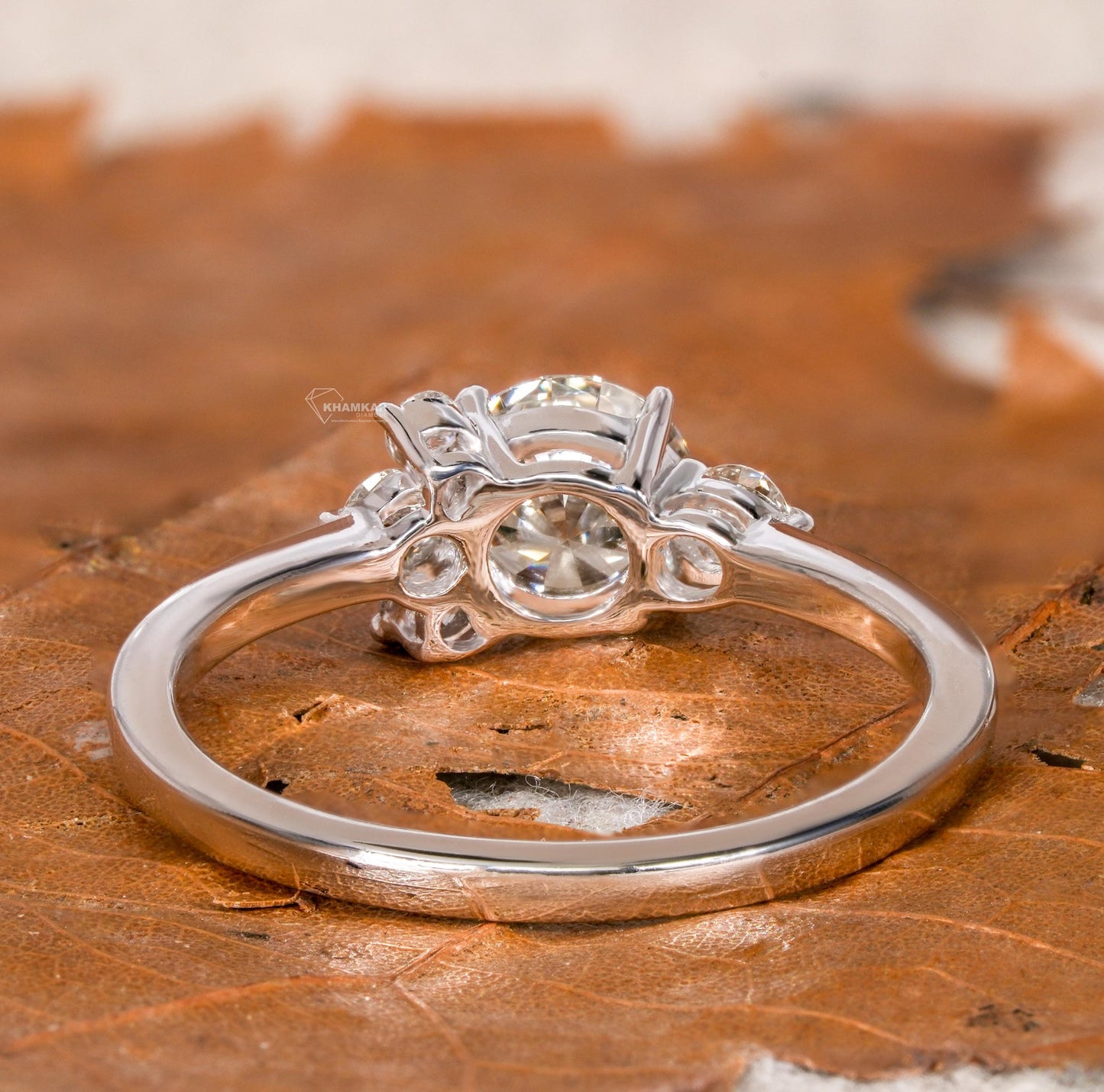 Engagement ring with clear center stone, open gallery setting and slim silver-toned band, rear view
