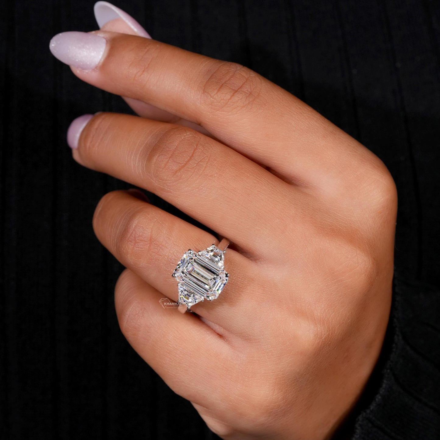 Emerald Cut Lab Diamond Three Stone Ring with Trapezoid Sides