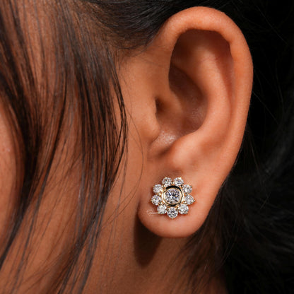 Round Lab Grown Diamond Bezel Halo Flower Stud Earrings