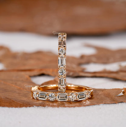 1.40TCW Emerald and Round Diamond Earrings,Wedding Hoop Earrings,Lab Diamond Earrings,Huggie Hoop Earrings For Women,Gift for Wife or Mother