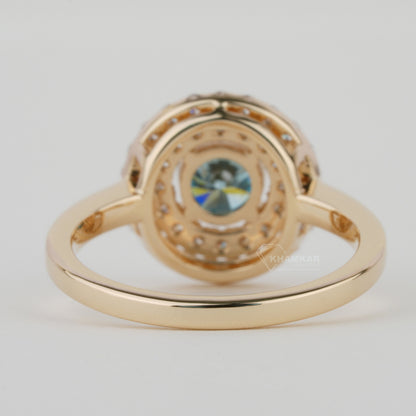 Blue Round Lab Grown Diamond Ring | Double Halo Engagement Ring