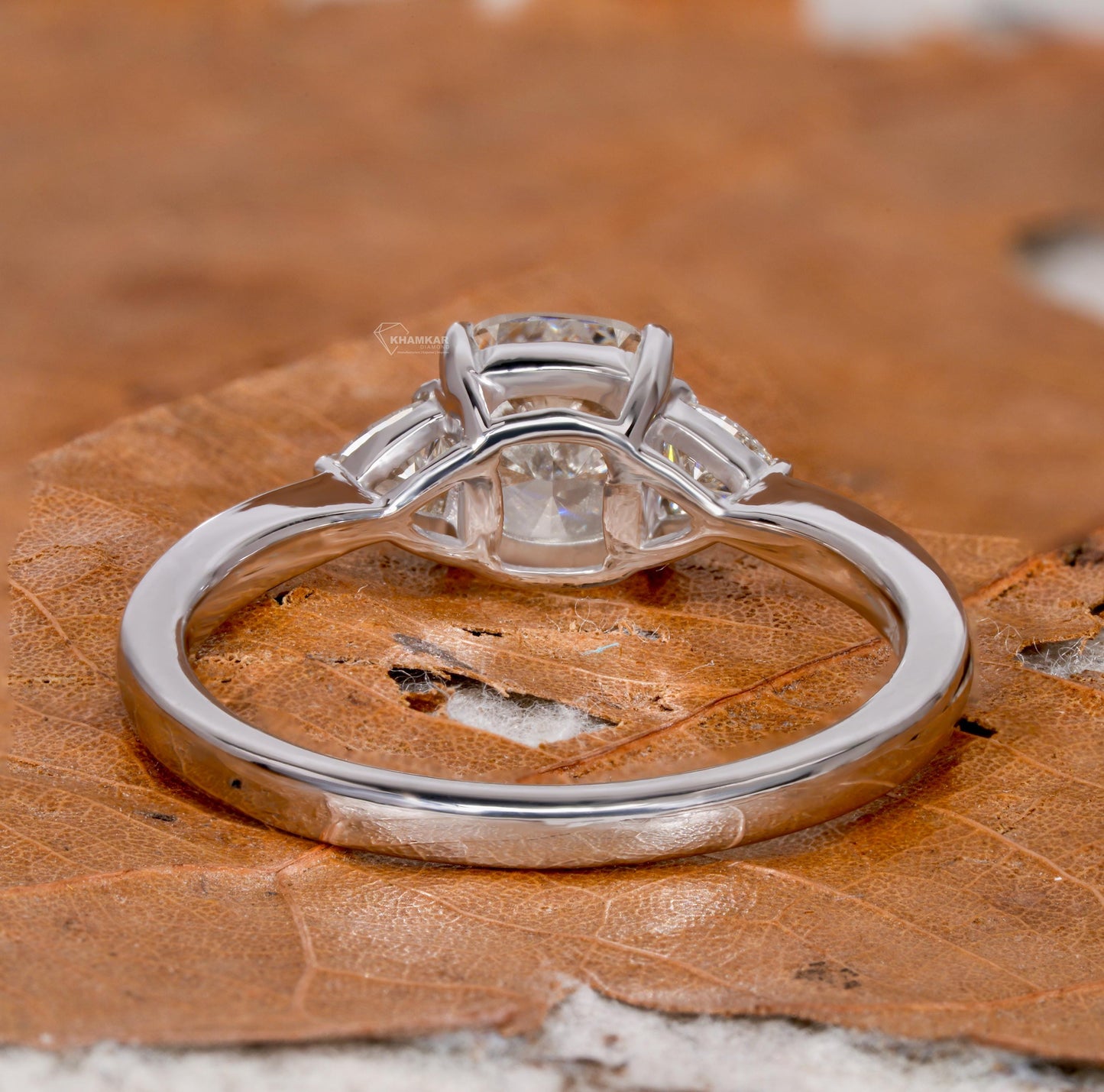 Cushion Cut Lab  Diamond Three Stone Engagement Ring with Trillion Side Diamonds