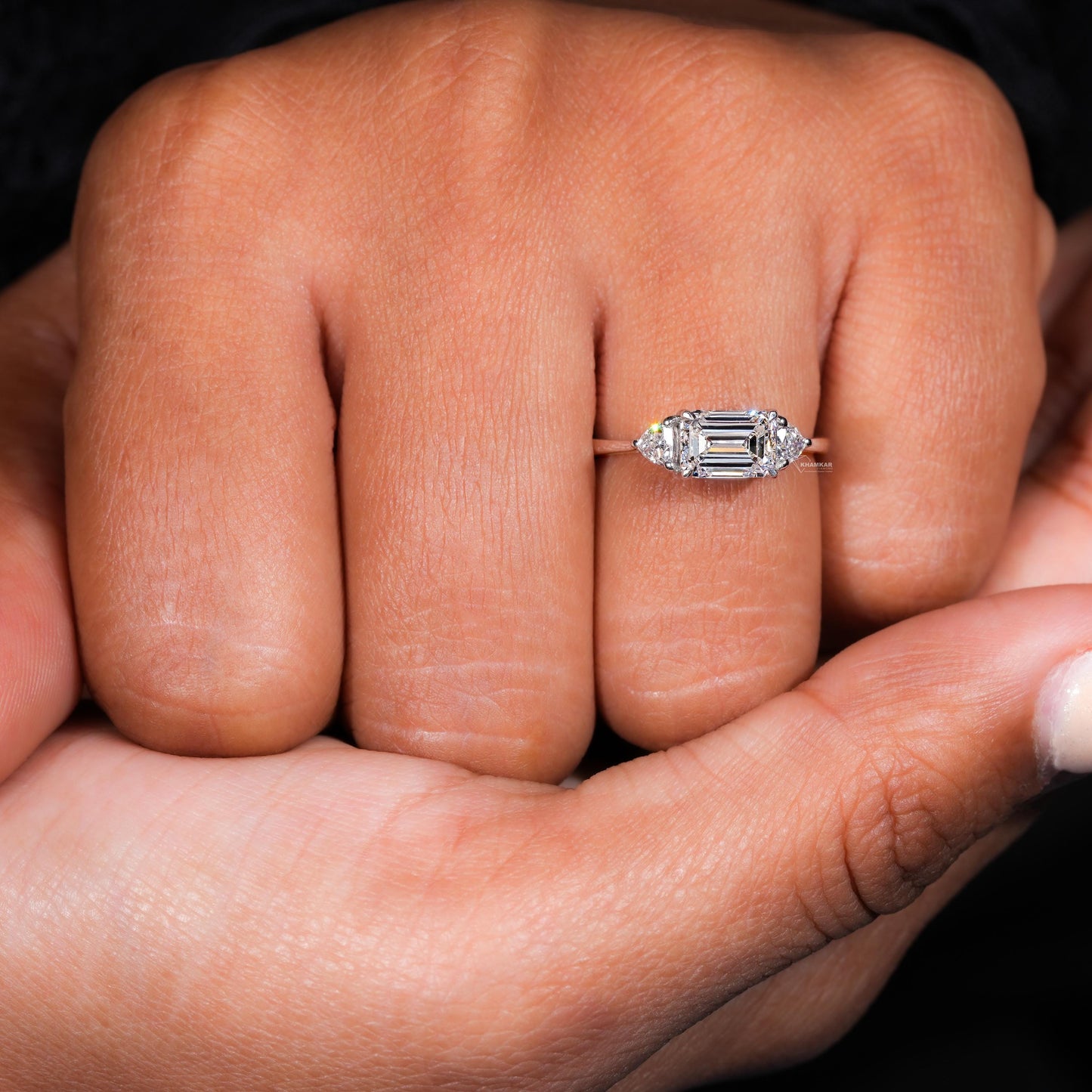 Trillion & Emerald East West Engagement Ring,Three Stone Lab grown Diamond Ring