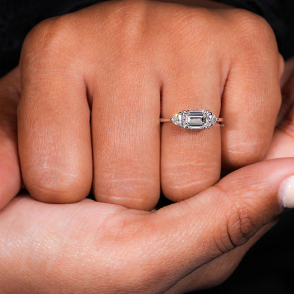 Trillion & Emerald East West Engagement Ring,Three Stone Lab grown Diamond Ring