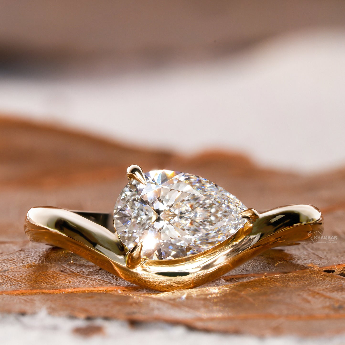 1CT Pear Lab Diamond Ring | Curved Solitaire Engagement Ring For Her