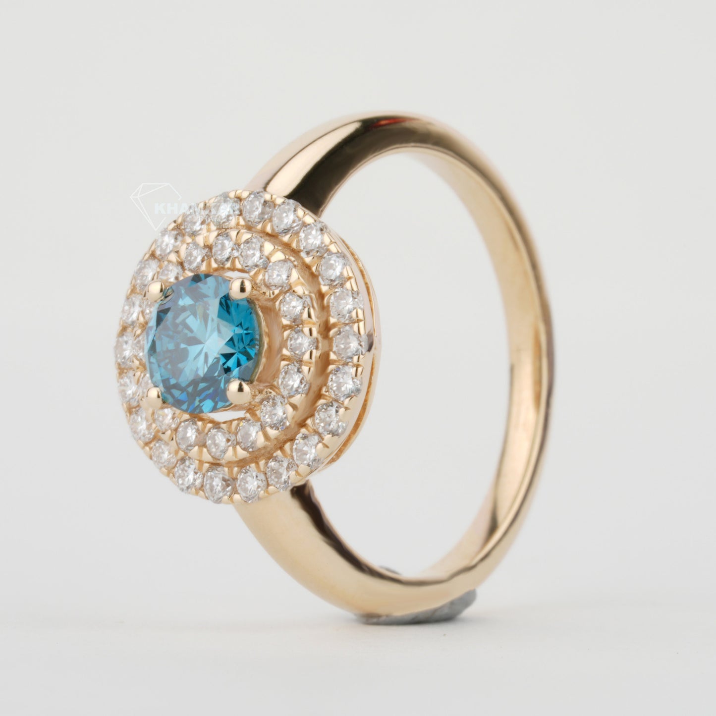 Blue Round Lab Grown Diamond Ring | Double Halo Engagement Ring