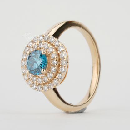Blue Round Lab Grown Diamond Ring | Double Halo Engagement Ring