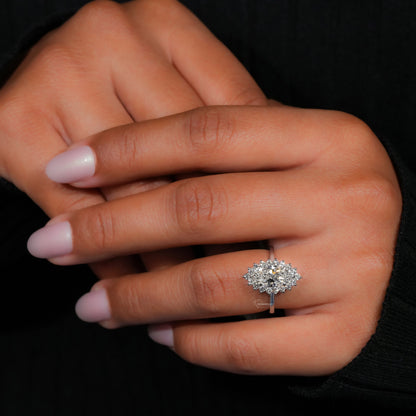 Marquise Lab Diamond Ring Cluster Halo Cathedral Setting