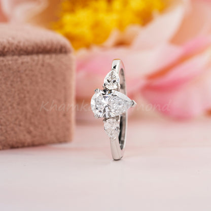 Lab Grown Pear Diamond Three Stone Engagement Ring Promise Ring for Her