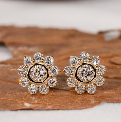 Round Lab Grown Diamond Bezel Halo Flower Stud Earrings