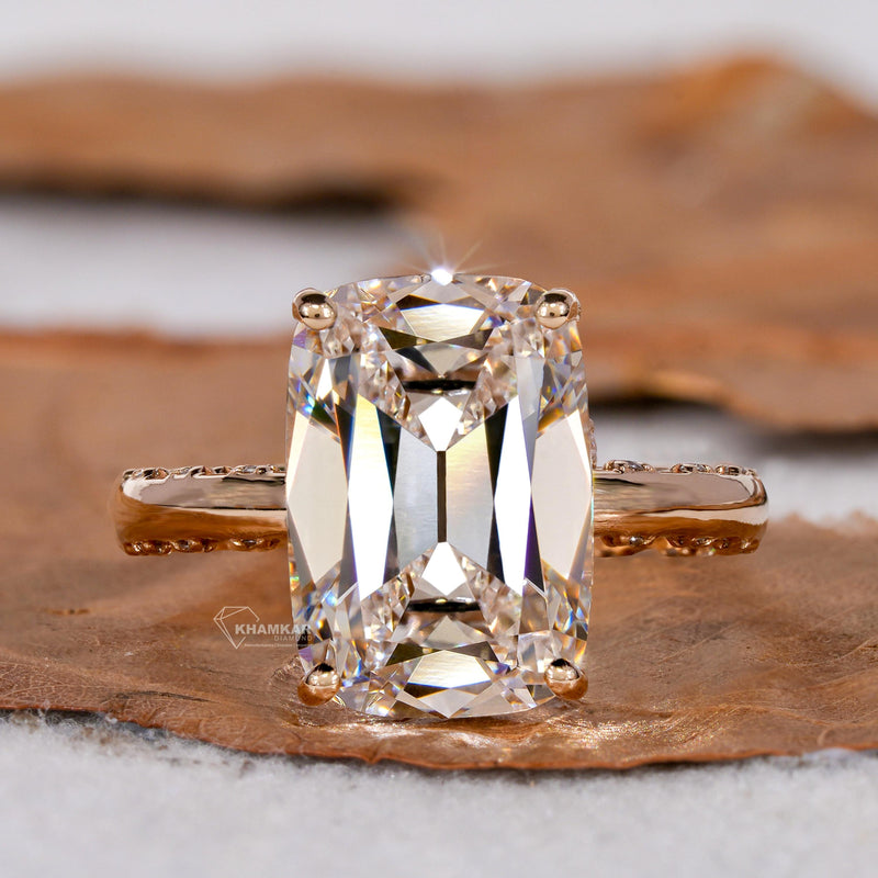 5.00ct Elongated Cushion Old Mine Cut Lab Grown Diamond Ring–Vintage Style–Hidden Halo Engagement–IGI Certified–Wedding & Anniversary Gift