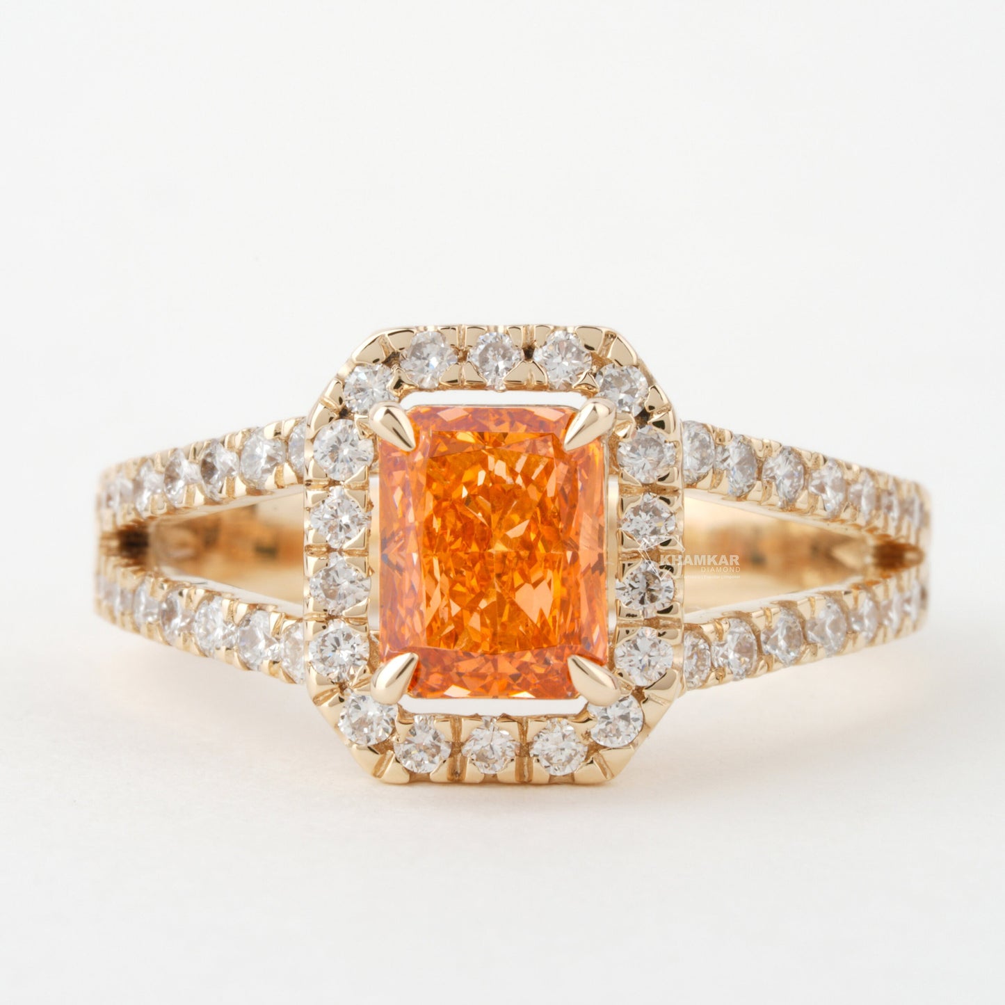 1 CT Orange Radiant Cut Lab Diamond Split Shank Engagement Ring